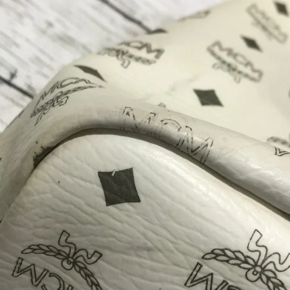 MCM Tote Bag White Logo Visetos Canvas Leather Trim Shoulder Bag - Picture 9 of 16